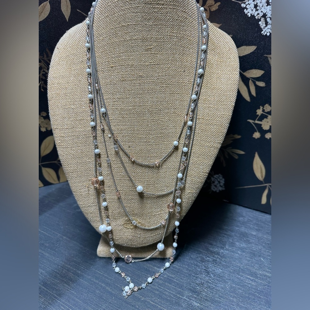 Elegant Multi-Layered Silver, pink and white Necklace